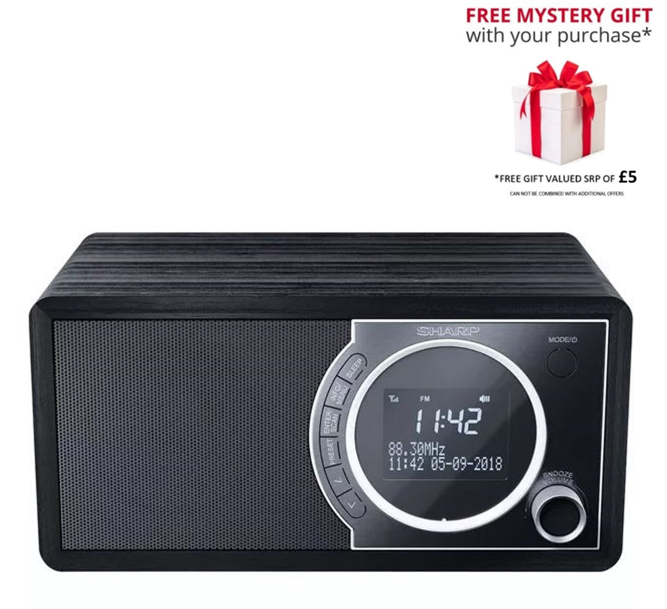 Sharp DR-450(BK) 6W DAB+ FM Bed Side Bluetooth Radio, LED Display - Fr
