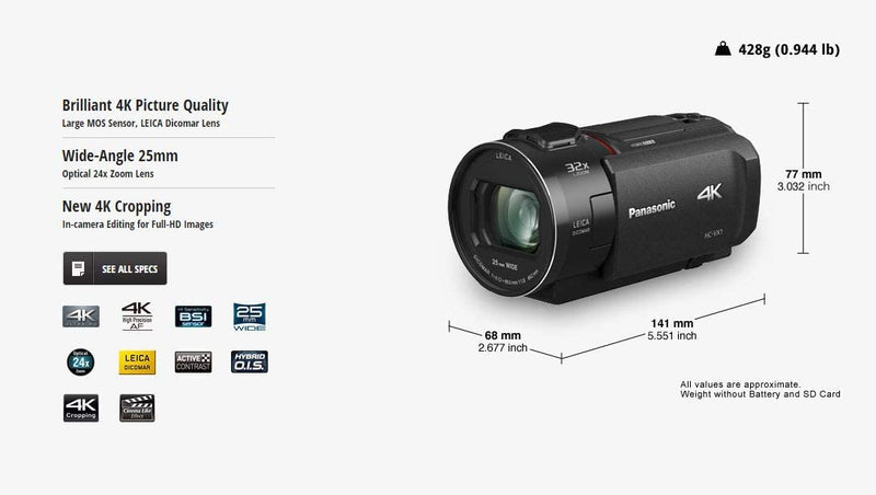 Panasonic HC-VX1 EB-K Camcorder/Camera 4K - Leica Dicomar Lens - 25mm Wide Angle / 24x Optical / 32 x Intelligent Zoom, Wireless Multi Camera